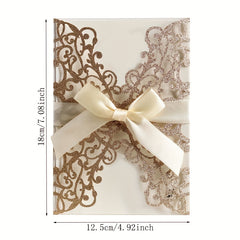 10pcs Glitter Paper Laser Cut Wedding Invitation Card Customize Card With Ribbon