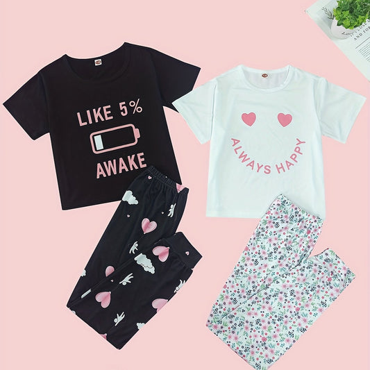 Girls 4pcs Pajama Set Graphic Tee Tops & Pants