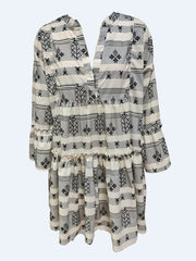  Geometric Print Boho Dress Bell Sleeve Mock Neck Smock Dre