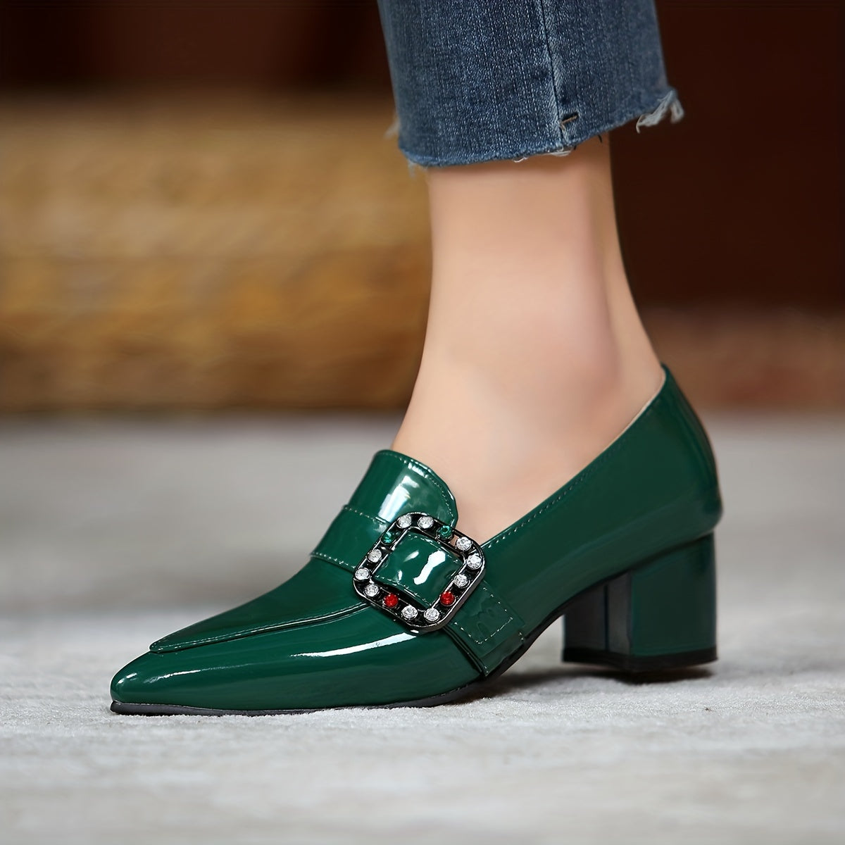Rhinestone Chunky Heel Slip-On Shoes - Women's Comfortable Pointed Toe Heels