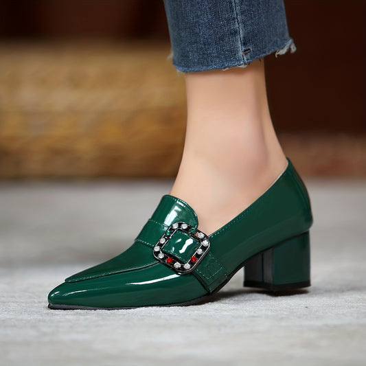 Rhinestone Chunky Heel Slip-On Shoes - Women's Comfortable Pointed Toe Heels