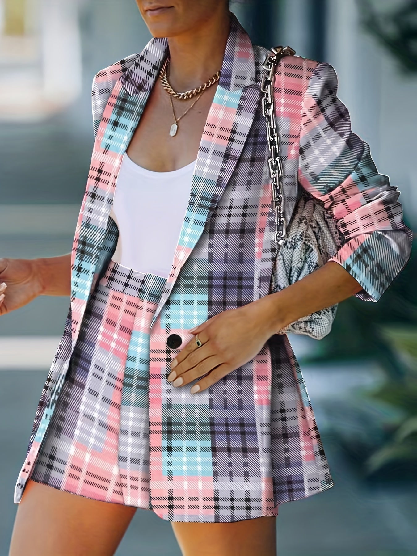 Plaid Print Two piece Set Blazer & Shorts Outfit Women's Clothing