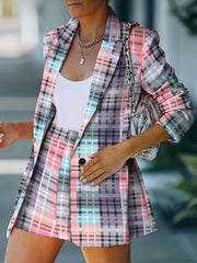 Plaid Print Two piece Set Blazer & Shorts Outfit Women's Clothing