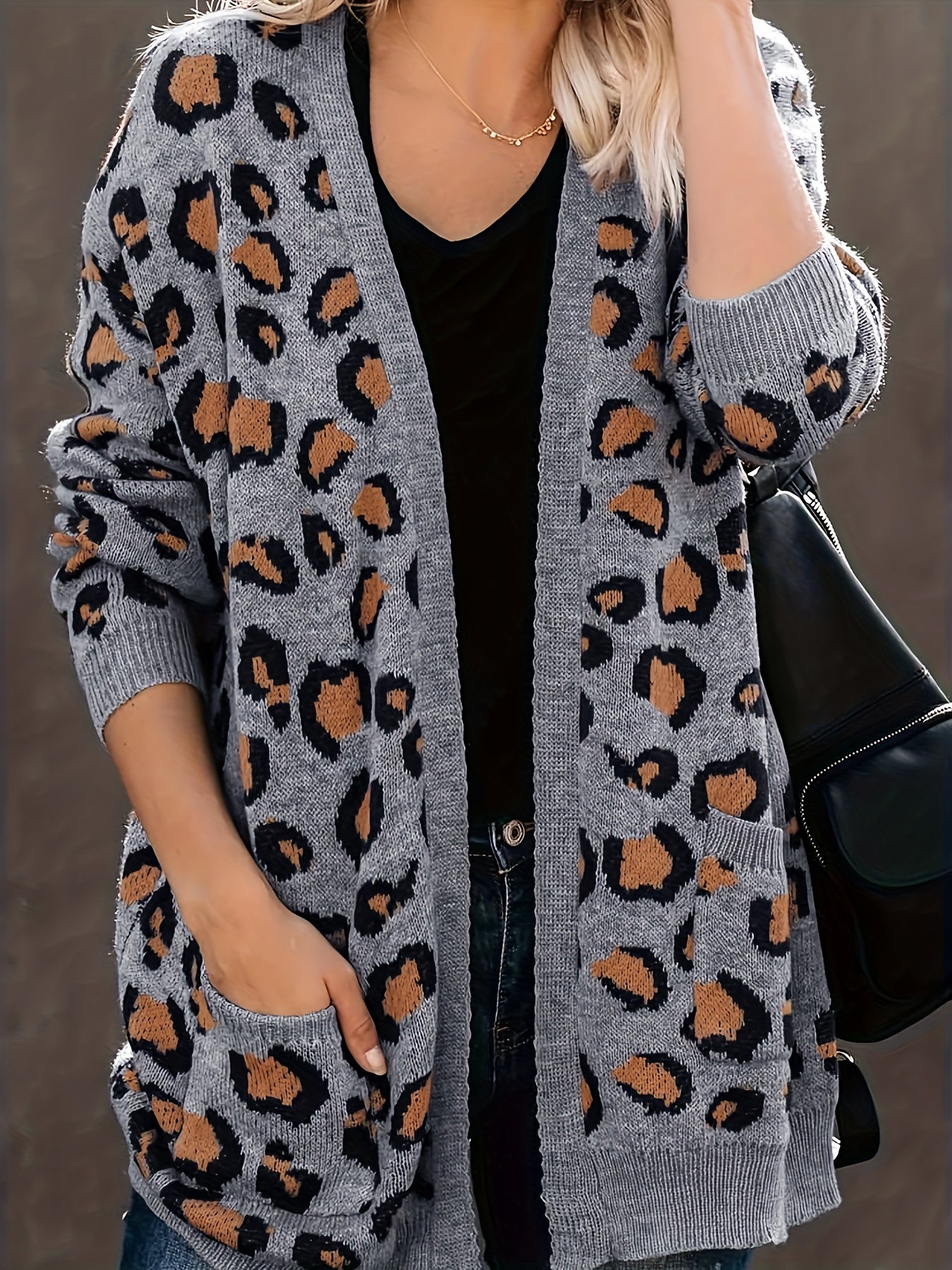  Leopard Print Open Front Cardigan with Pockets