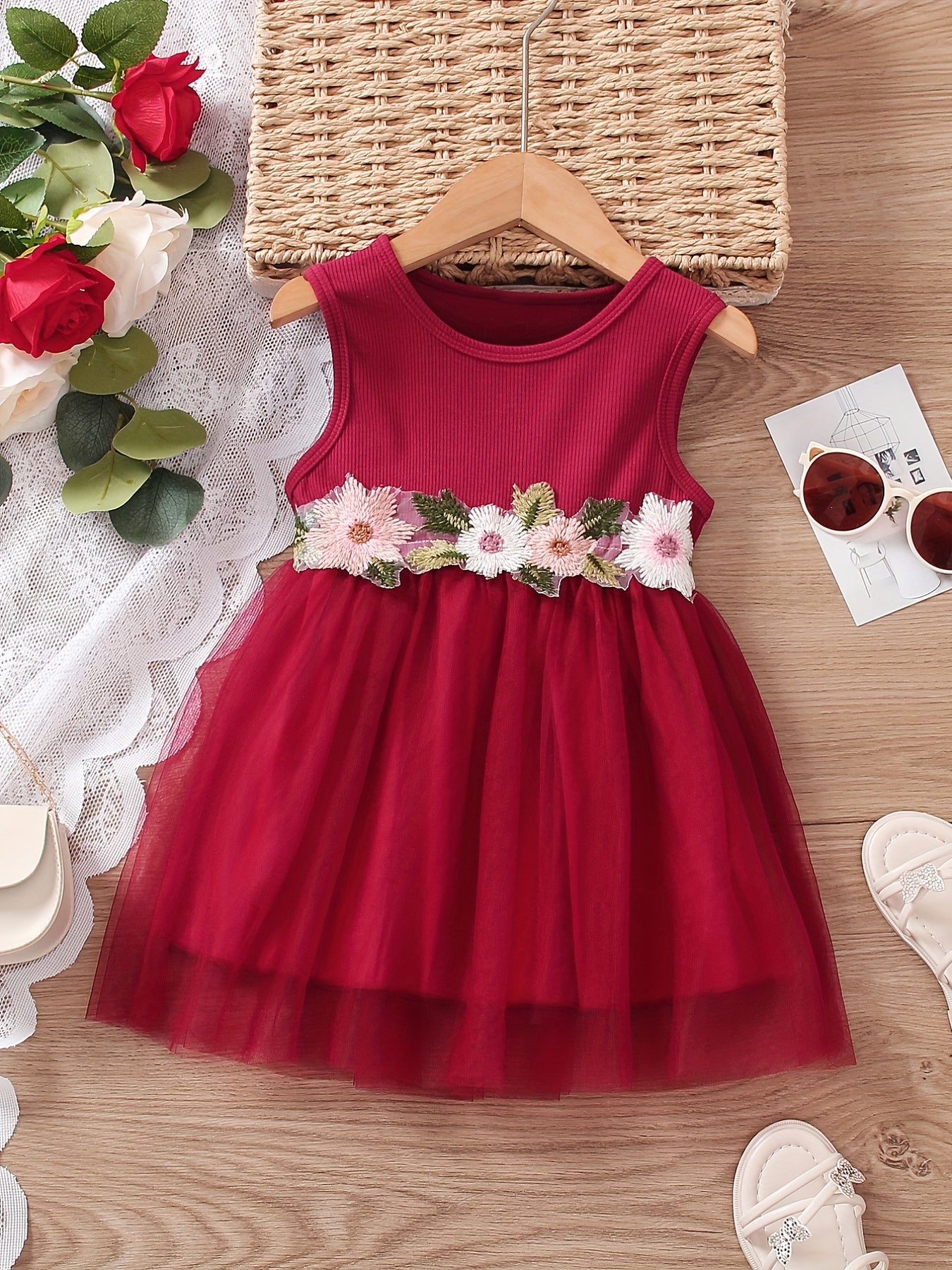 Girls Flower Decor Sleeveless Mesh Princess Dress Summer Kids Clothes