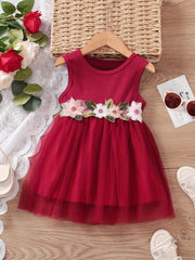 Girls Flower Decor Sleeveless Mesh Princess Dress Summer Kids Clothes