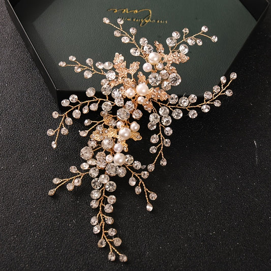 Golden Faux Pearl Bridal Comb Floral Wedding Crystal Rhinestone Comb