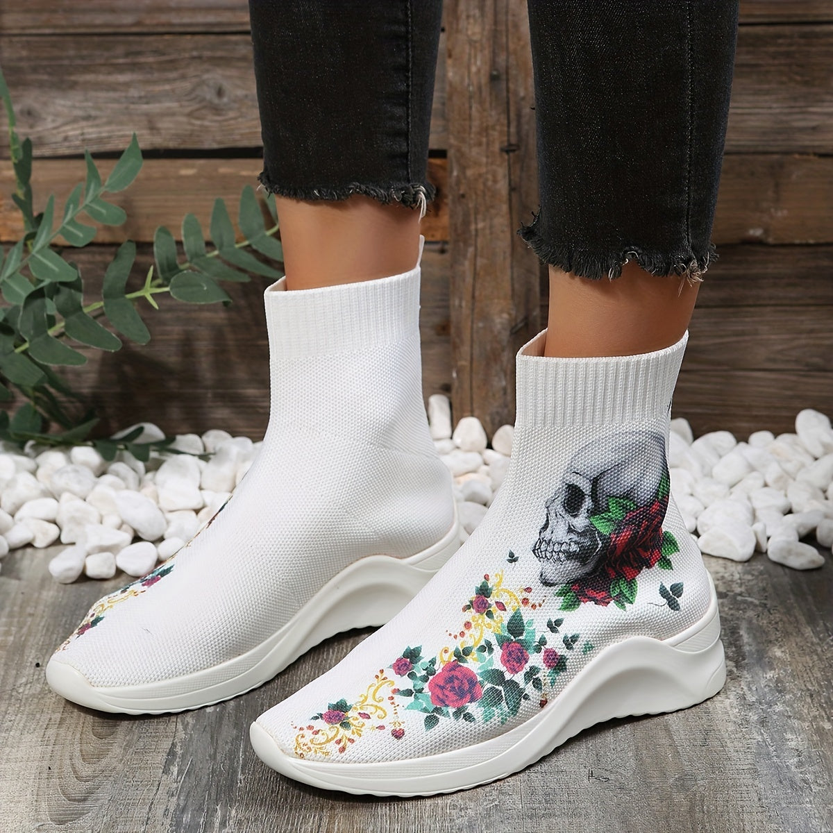 Women's Stretch Sock Boots Skull Rose Knit Ankle Boots Halloween Slip On