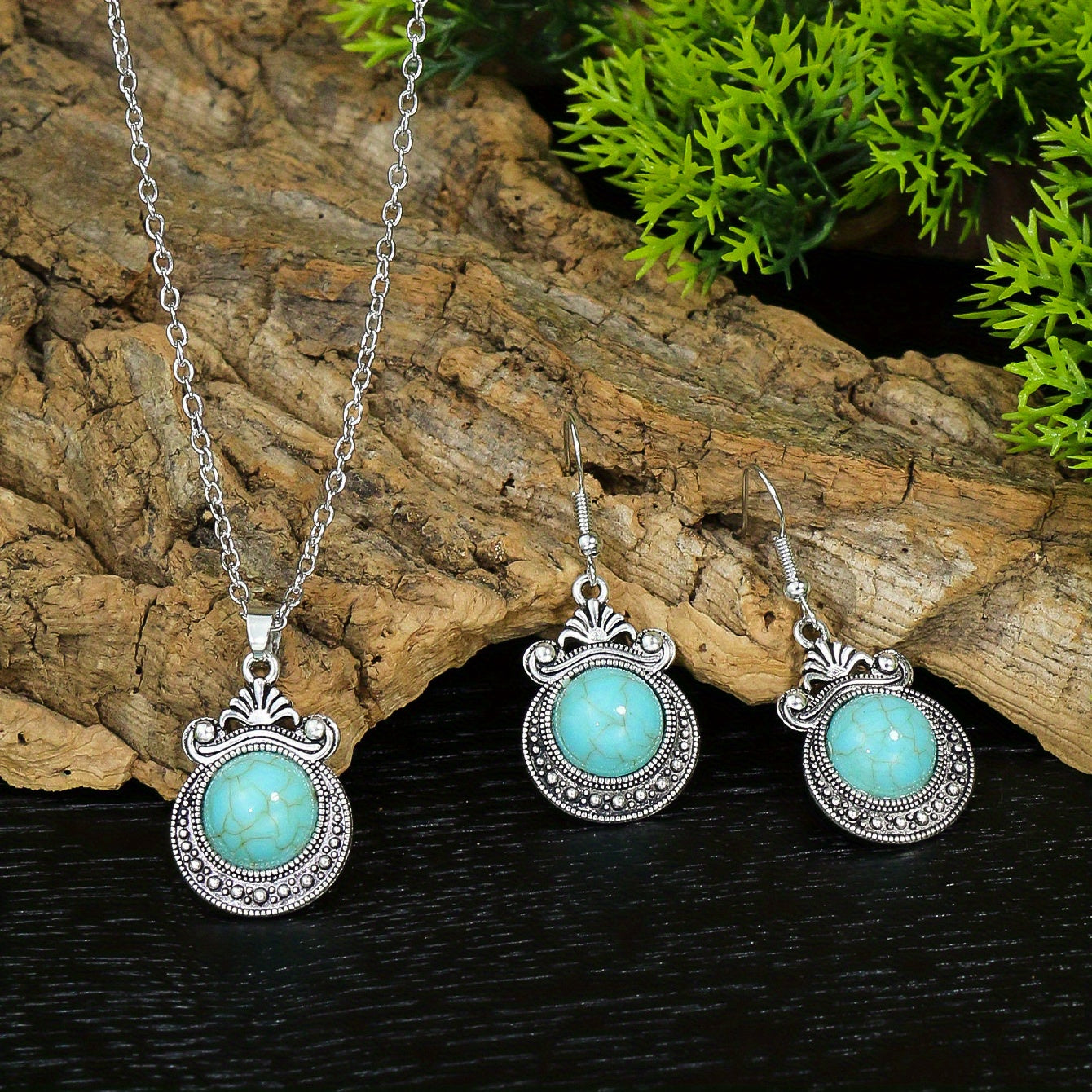 Bohemian Turquoise Inlaid Rhinestones Water Drop Earrings Necklace Set