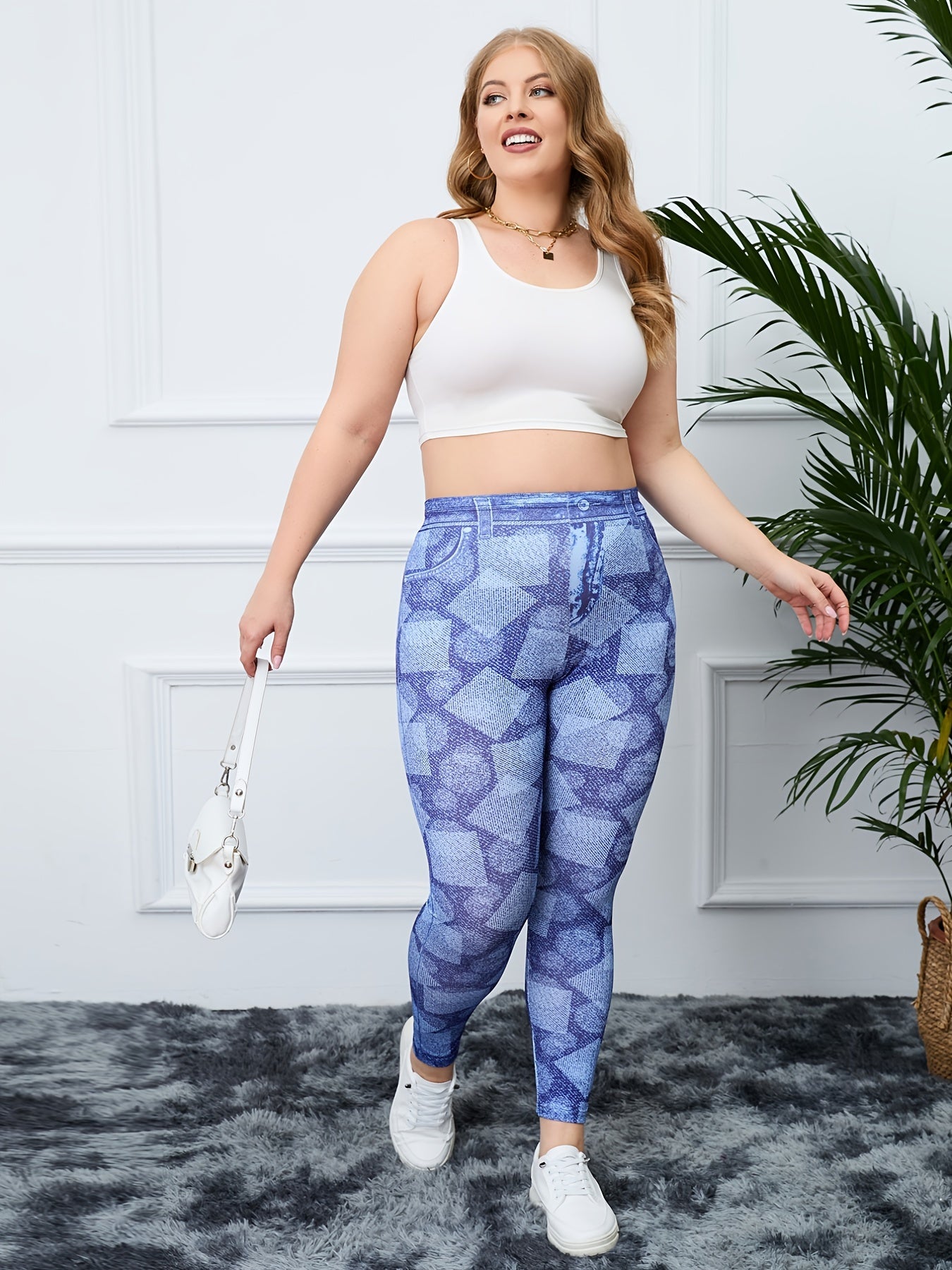  Geometric & Denim Print High Rise Fitness Leggings Women's Plus