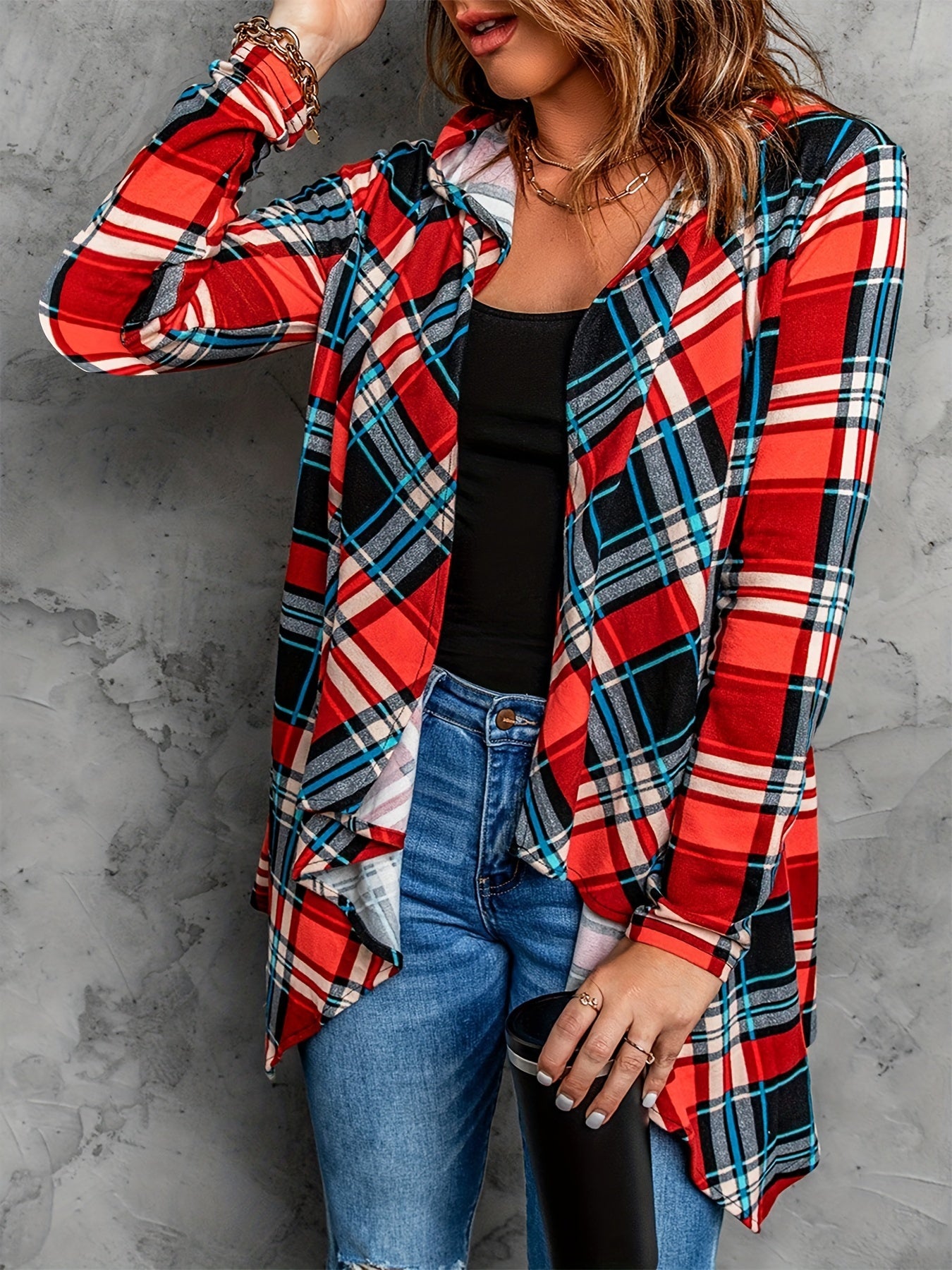  Plaid Print Hooded Cardigan