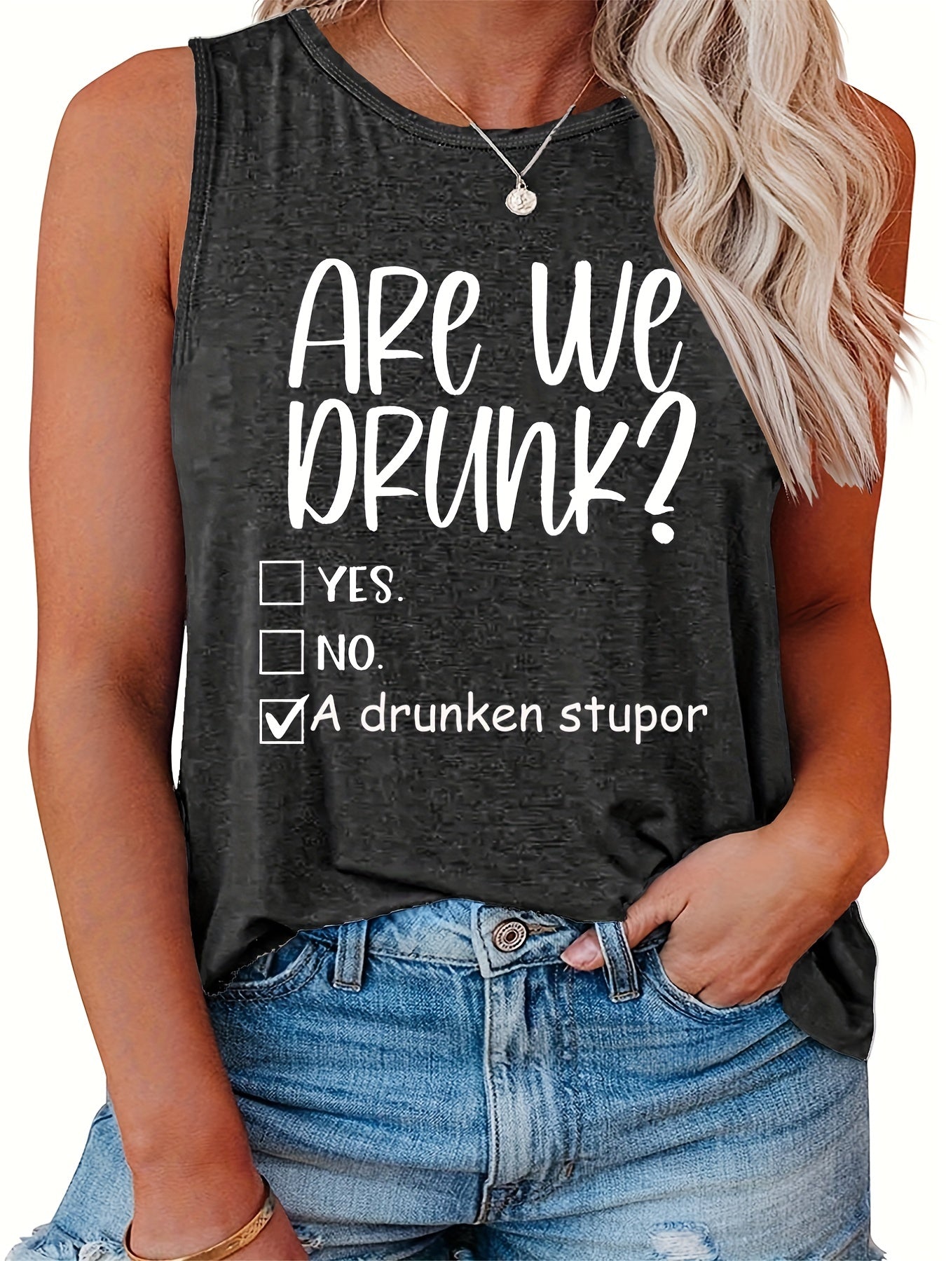  Casual Tank Top Women's Plus Slogan Print Round Neck Tank Top