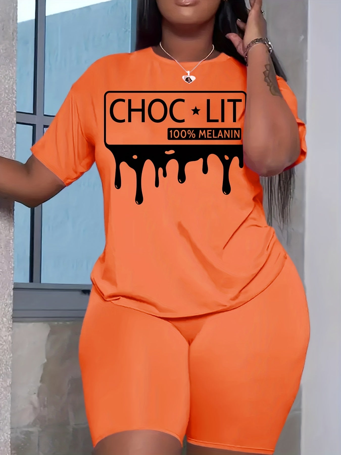 Letter Print Matching Set Short Sleeve T shirt & Biker Shorts