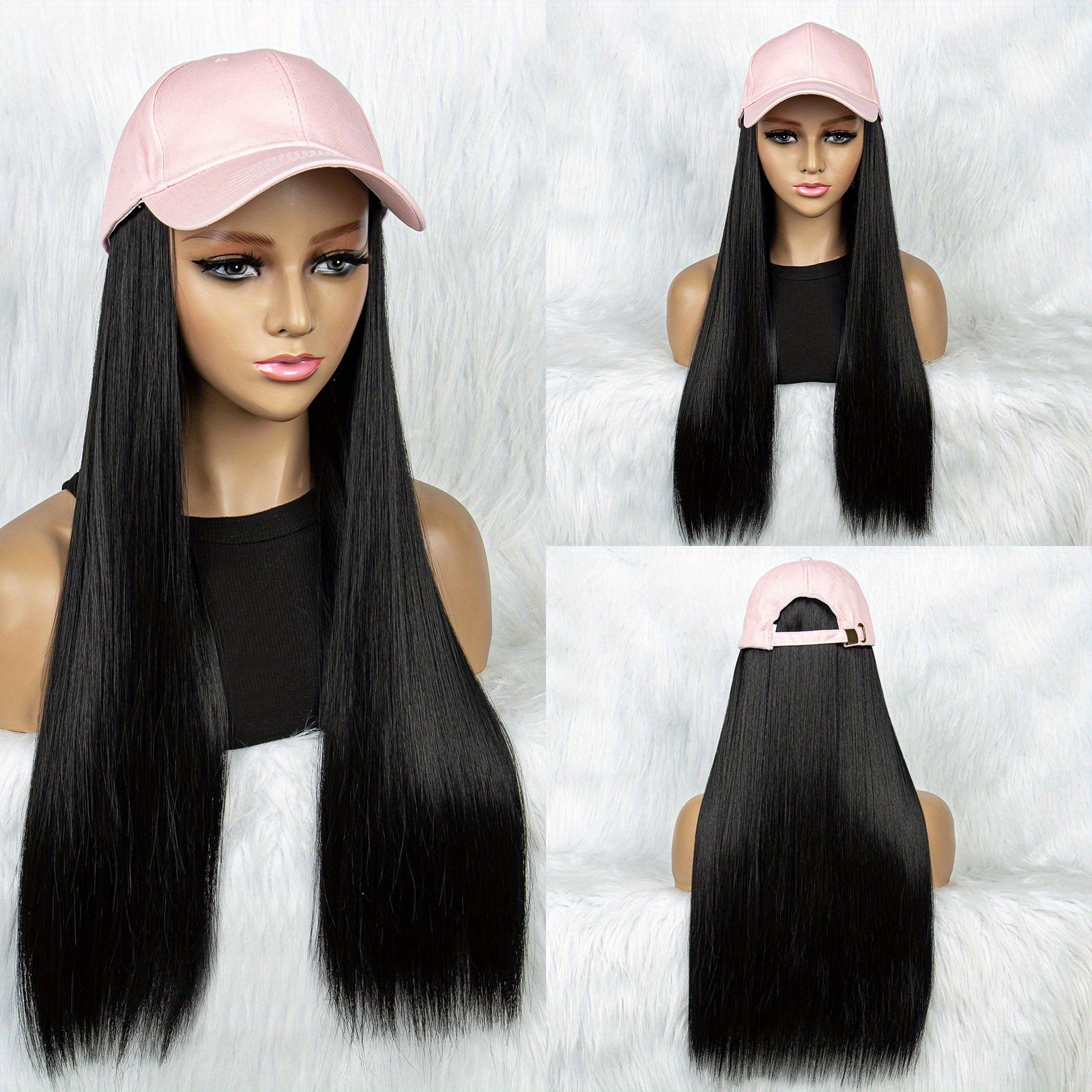 Long Synthetic Hair Wigs With Hats for Women - Pink Baseball Cap Wigs 55 88 Cm