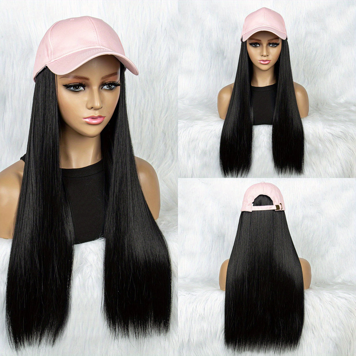Long Synthetic Hair Wigs With Hats for Women - Pink Baseball Cap Wigs 55 88 Cm