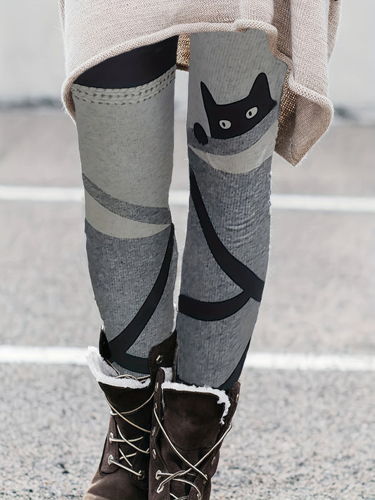  Colorblock Stripe & Cat Print Leggings