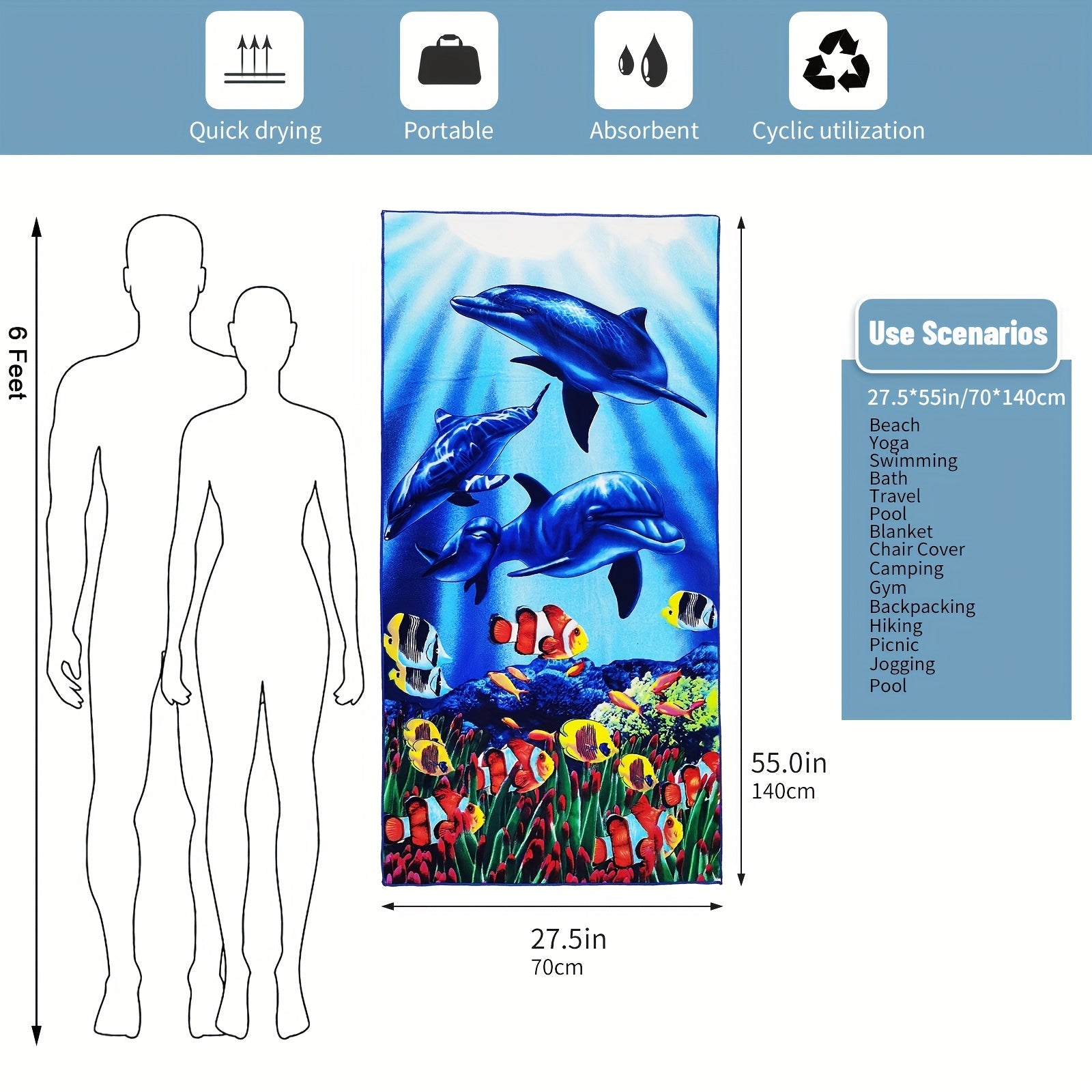 Quick Drying Shark Print Microfiber Beach Towel 27.5x55