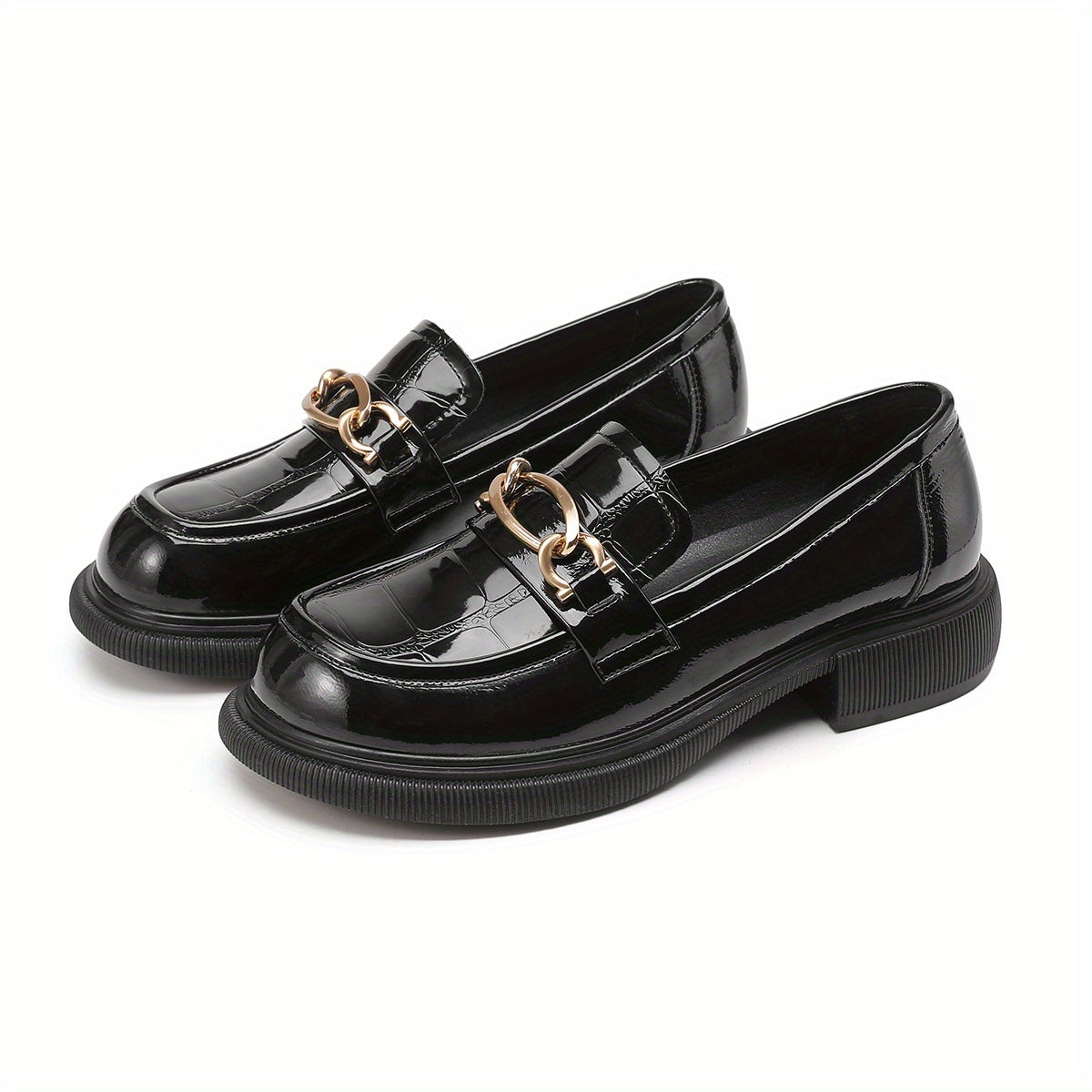 Women's Chain Decor Loafers Chunky Heel Slip On Shoes