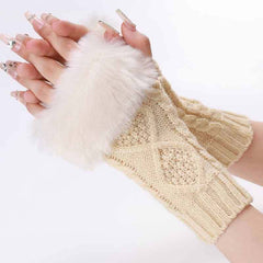 Women's Plush Fingerless Gloves Ribbing Knit Crochet Autumn Winter Warm