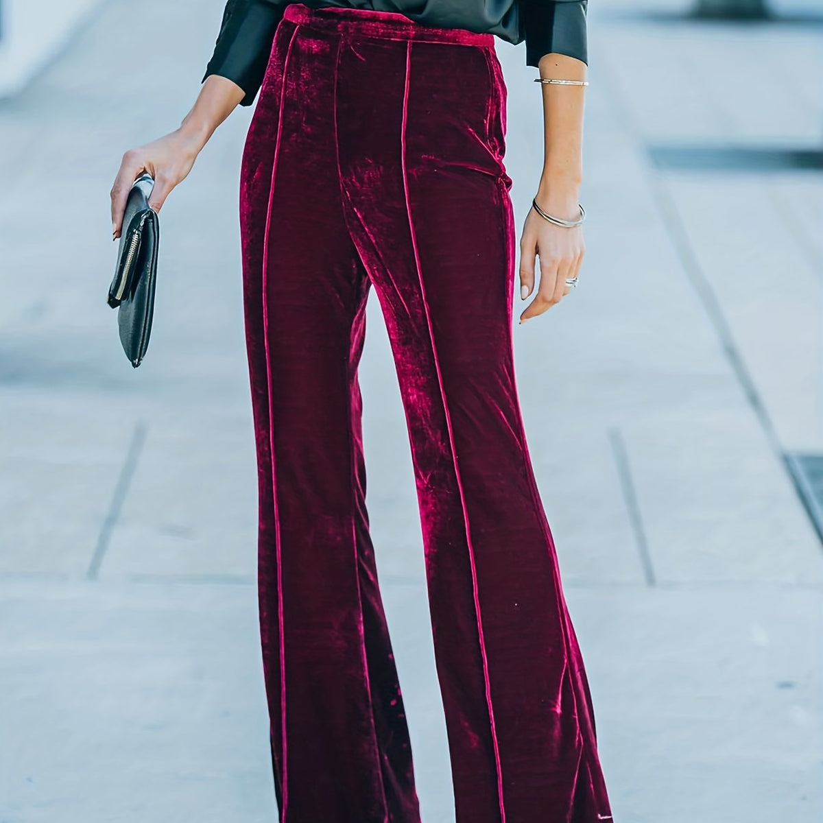  Velvet Flared Leg Trousers High Rise Elastic Waist