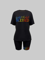 Blessed Print Summer Set Short Sleeve Crew Neck Casual Top & Shorts