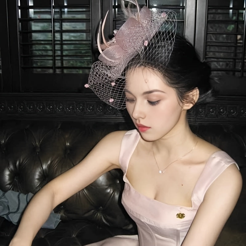 Vintage-Inspired Fascinator Headband with Mesh Veil and Flower
