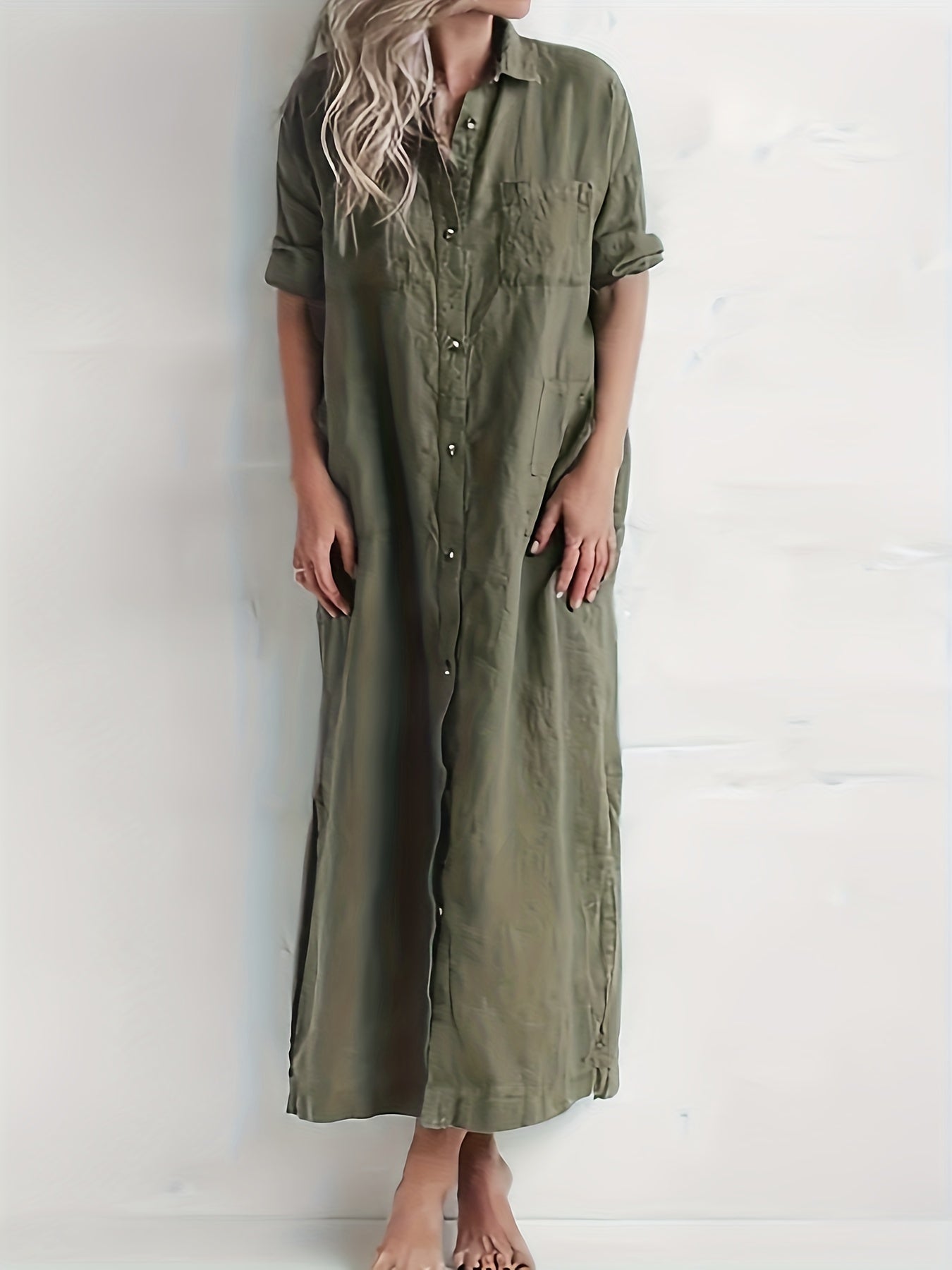  Solid Short Sleeve Collar Shirt Dress