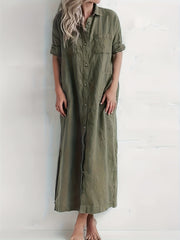  Solid Short Sleeve Collar Shirt Dress