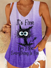 Cat Prin Gradient V Neck Tank Top for Women