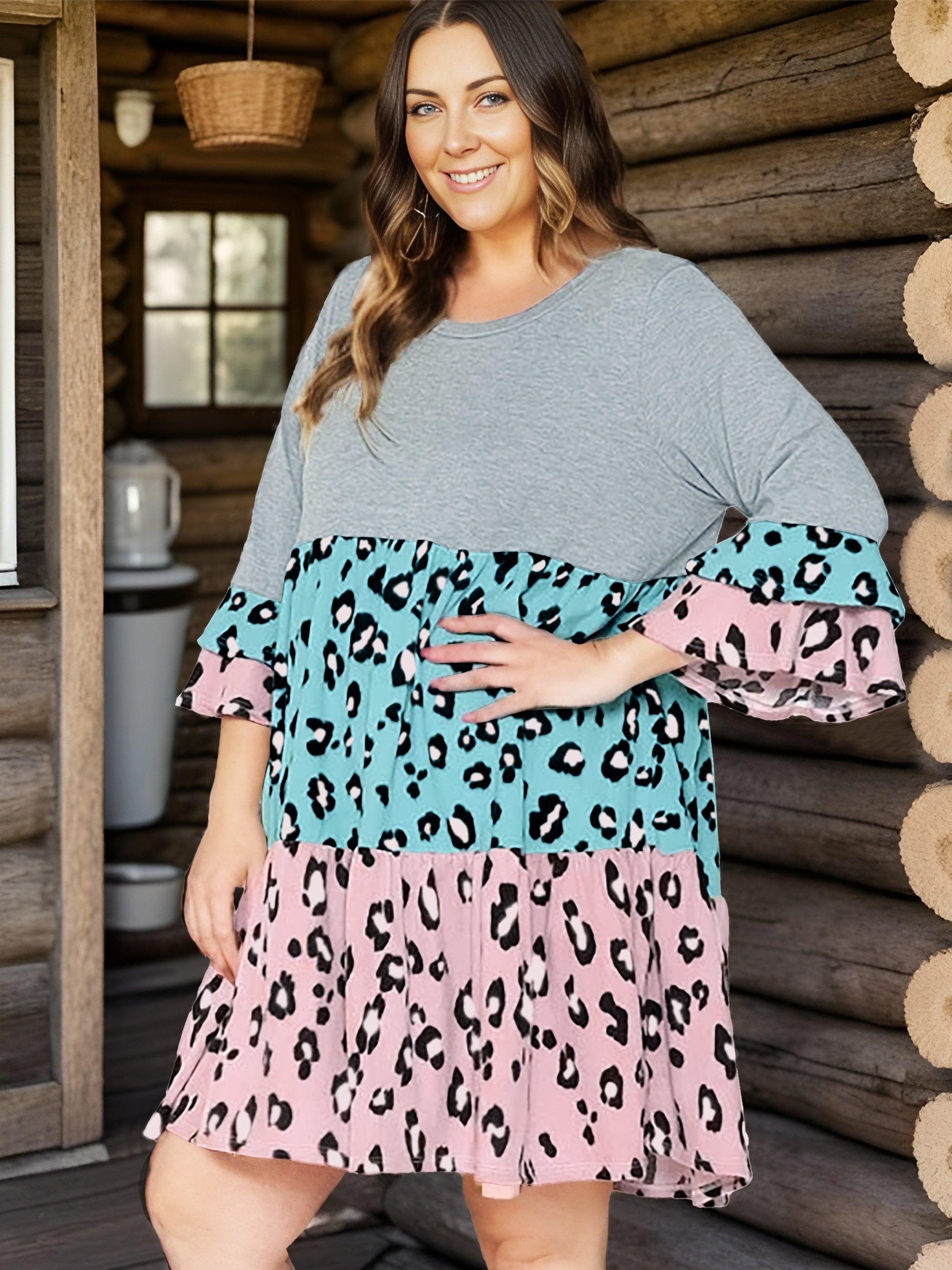  Boho Dress Women's Plus Leopard Print Layered Bell Sleeve Dress