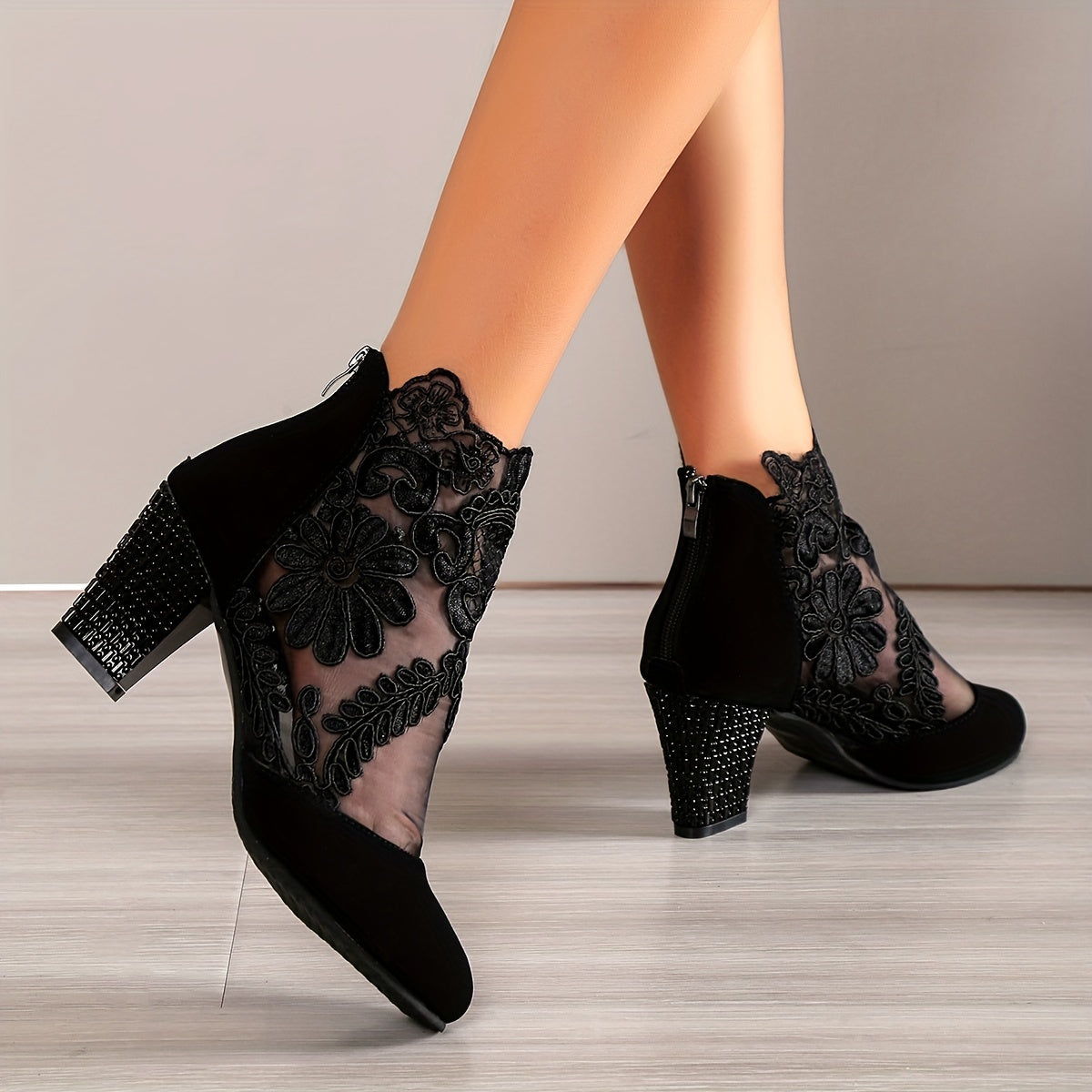 Women's Mesh Block Heel Boots Embroidered Back Zip Ankle Boots