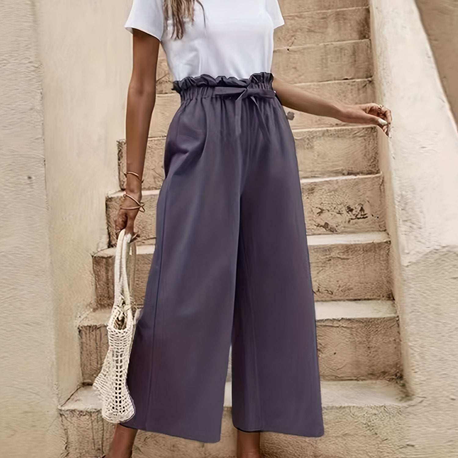 Women's Plus Solid Elastic Drawstring Wide Leg Trousers