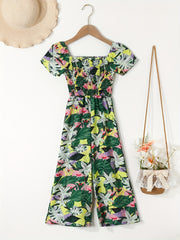 Toddler Girls Flowers Puff Sleeve Rompers Wide Leg Jumpsuits