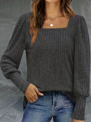  Solid Long Sleeve Ribbed Knit Top
