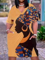  Figure Print Ruched V Neck Dress With Pockets