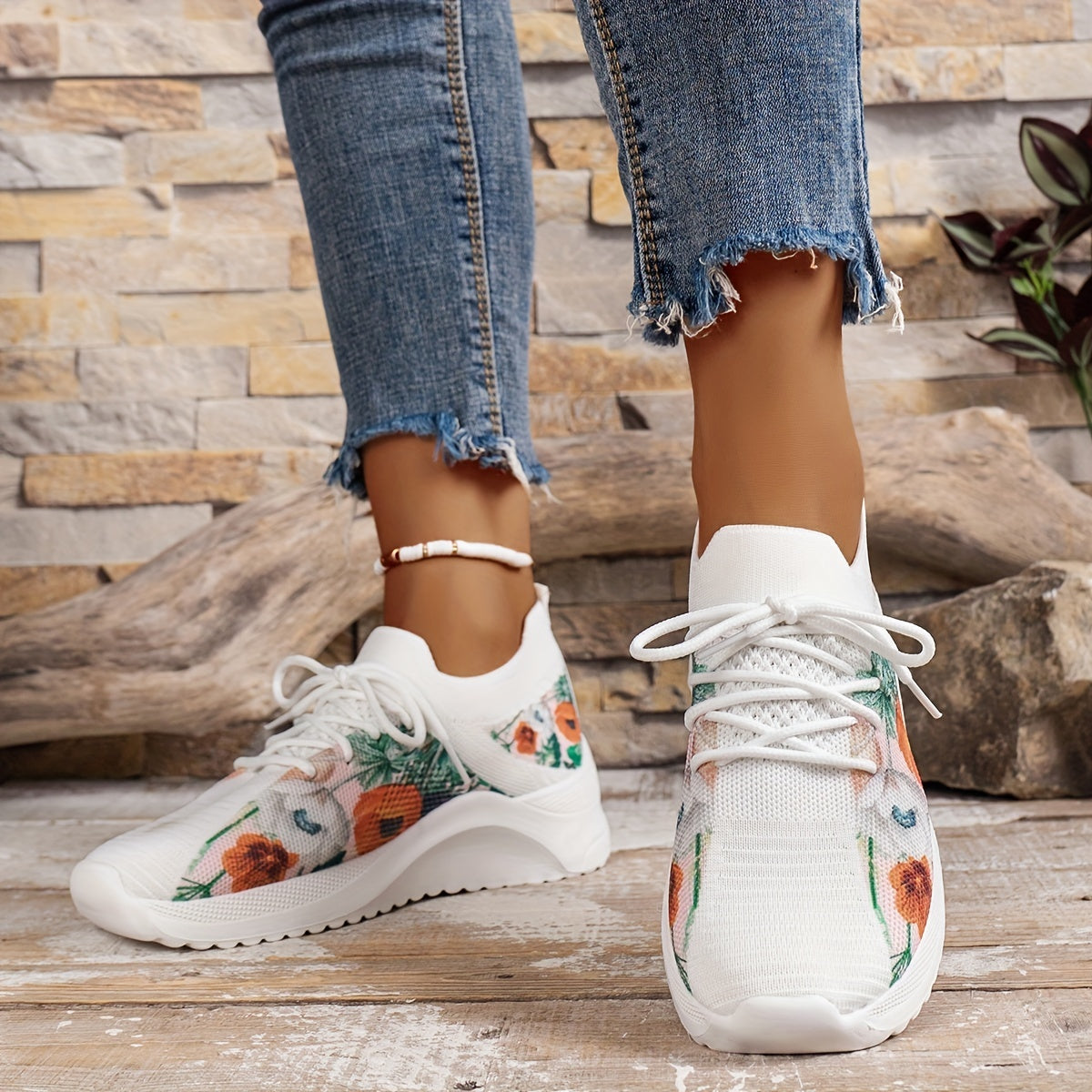 Floral Print Lace-Up Sneakers Lightweight Soft Shoes