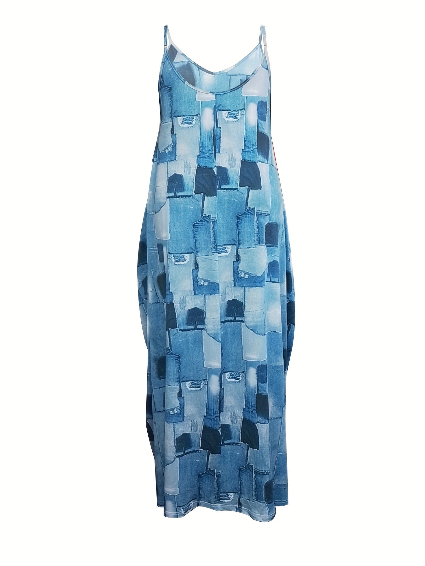 Plus Denim Print V Neck Loose Fit Maxi Dress