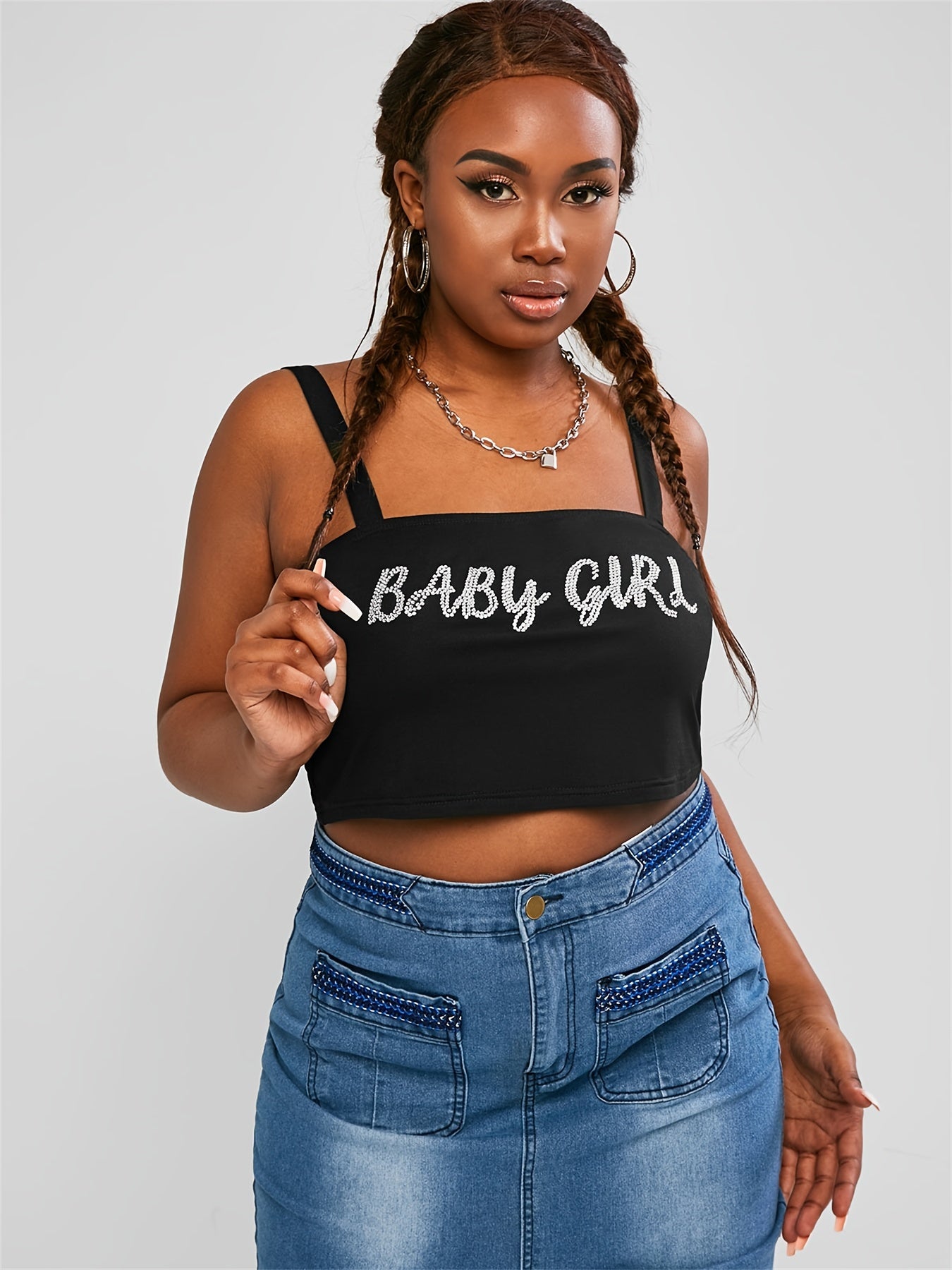  Y2K Rhinestone Decor Cami Crop Top Women's Plus