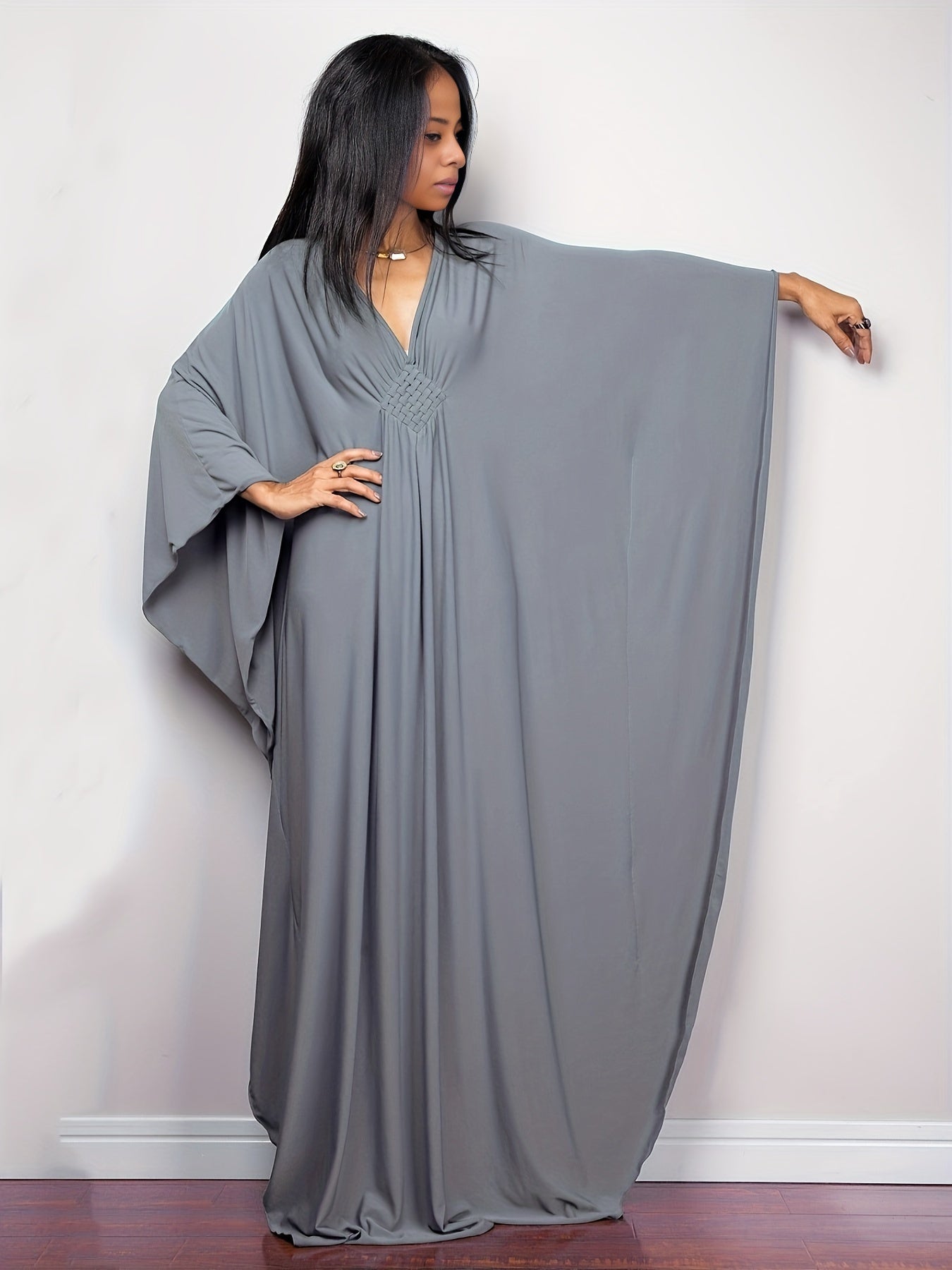  Boho Cover Up Solid Batwing Sleeve V Neck Split Maxi Beach Dress