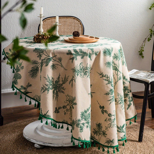 Green Pine Cone Print Round Fringed Tablecloth