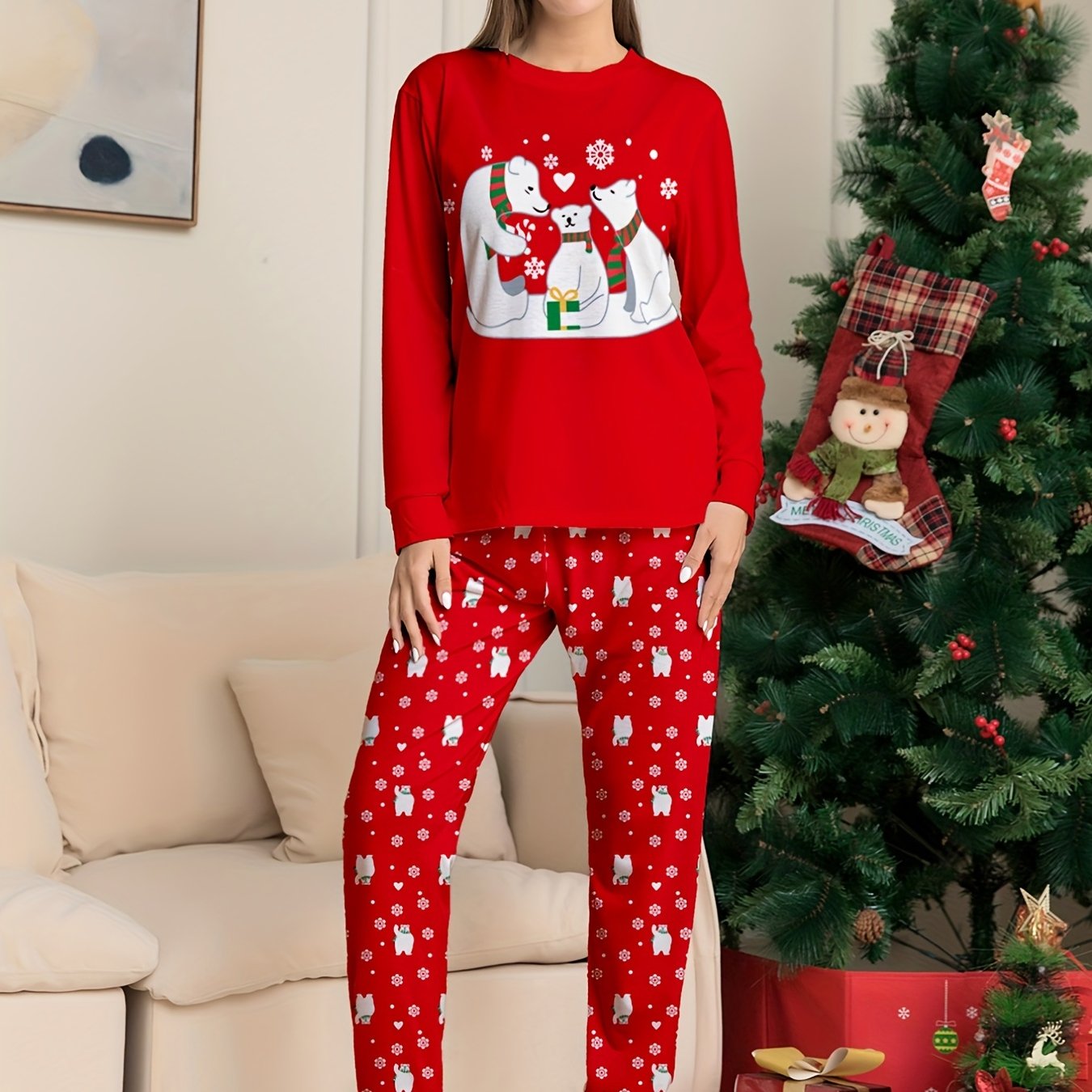Christmas Bear Print Long Sleeve Pajama Set