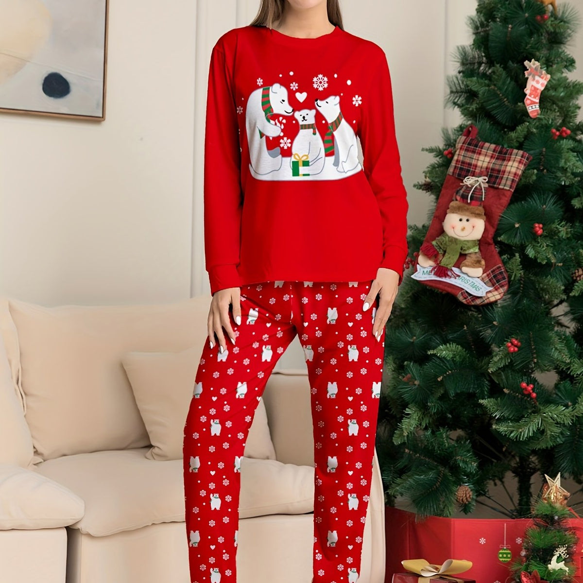 Christmas Bear Print Long Sleeve Pajama Set