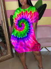  Tie Dye Short Sleeve Round Neck Dress