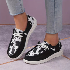 Women's Cow Pattern Canvas Shoes Casual Lace Up Outdoor Sneakers