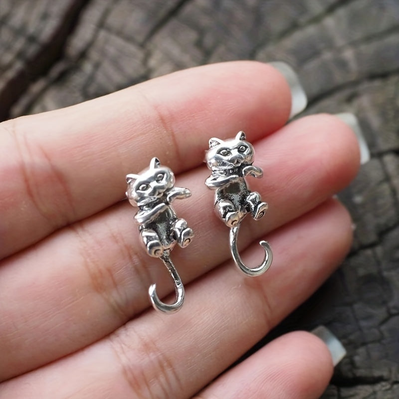 Retro Silvery Men's Earrings Kitten Earrings Animal Jewelry