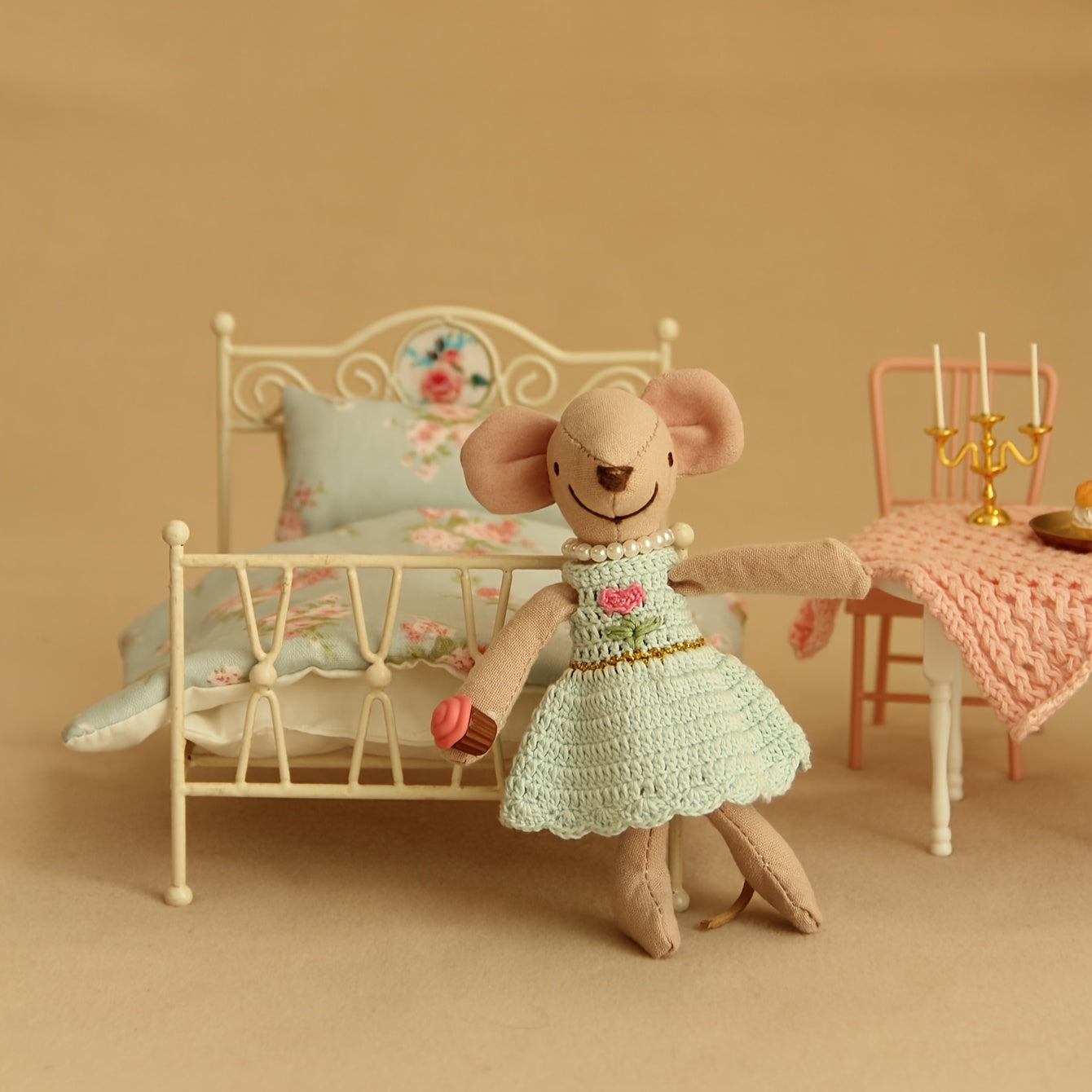 Vintage Iron Bed w/ Floral Headboard & Pink Blanket