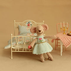 Vintage Iron Bed w/ Floral Headboard & Pink Blanket