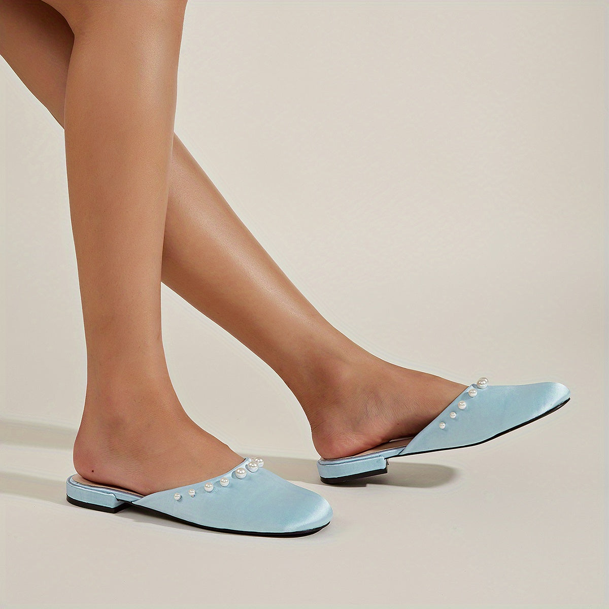 Pearl Decor Satin Mules Closed Toe Backless Loafers