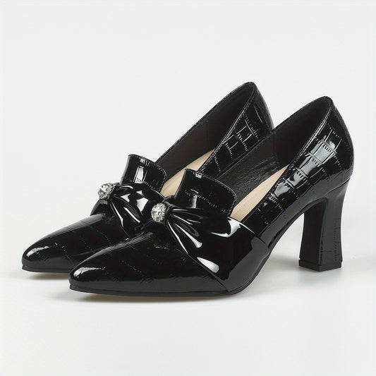 Women's Rhinestone Bowknot Slip On Point Toe Chunky Heel Shoes