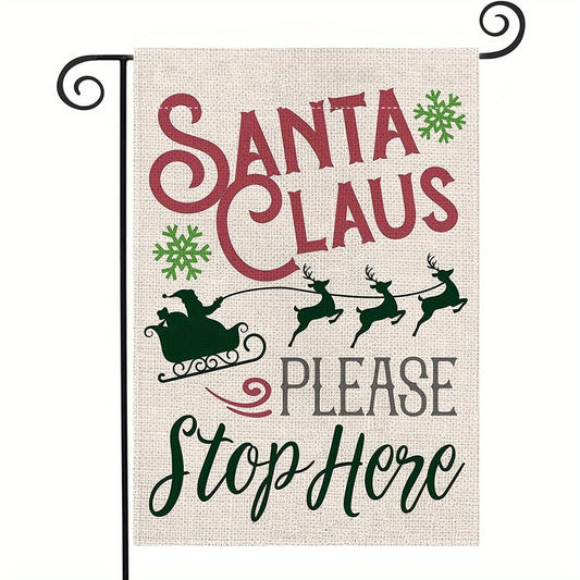 Christmas Garden Flag Santa Claus Sleigh Reindeer Burlap Vertical Stop Here